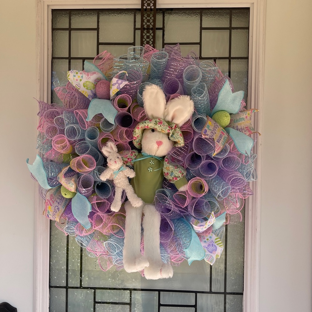 * Spring Easter Decoration Mesh Easter Bunny Wreath for Front Door